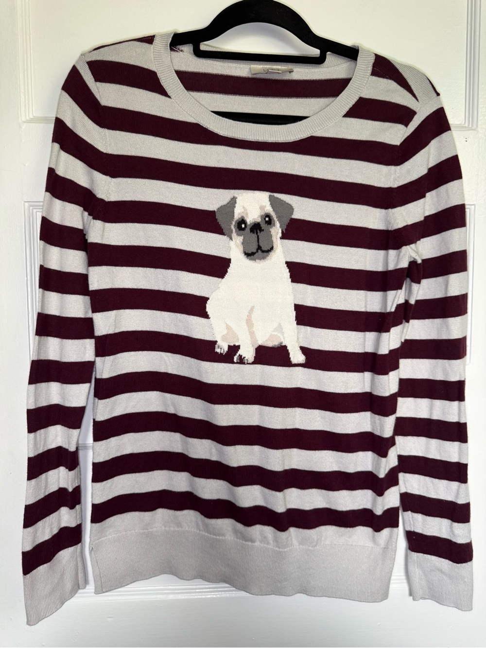 LOFT Maroon & Cream Striped Crewneck Intarsia Knit Sweater w/ Pug Motif Preppy S